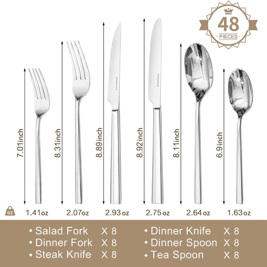 KINGSTONE Silverware Set with Steak Knives, 48-Piece Forged Flatware Set Cutlery Set Premium Stainless Steel, Service for 8, for Kitchen, Home, Wedding, Party, Mirror Polished and Dishwasher Safe