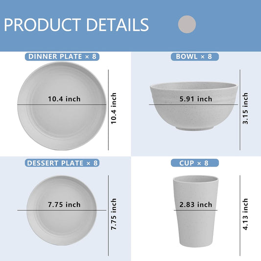 Supernal 32pcs Wheat Straw Dinnerware Sets for 8,Plates and Bowls Sets,Reusable Plastic Plates,Grey Dish Set for 8 include 16pcs Dishes, 8pcs Bowls, 8pcs Cups,Dishwasher Safe.
