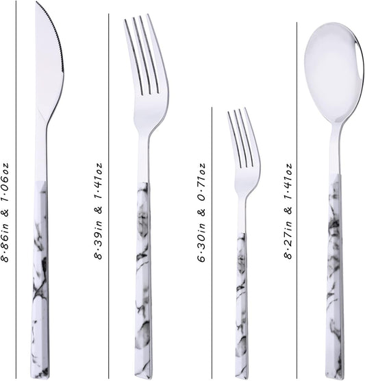 16-Piece Silverware Set with Dessert Fork, Stainless Steel Flatware Cutlery Set for 4, Mirror Finish Tableware Utensil Set, Marble Texture Handle, Include Knife Fork Spoon(White & Silver)