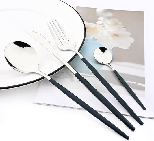 Mirror Cutlery Serving Set, 24-piece 18/0 Stainless Steel Silverware With Green Handle Simple & Modern Tableware For Home Party Restaurant Christmas Dinner, Service For 6 (Green Silver)