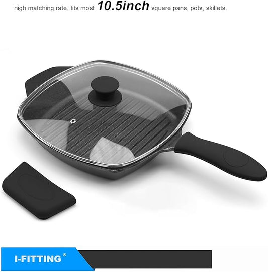Square Glass Lid for Grill Pans with Steam Vent Hole - Fits Lodge Cast Iron Skillets 10.5inch/26.67cm Silicone Potholder- Square Tempered Glass Lid - Universal Replacement Cover Silicone Knob