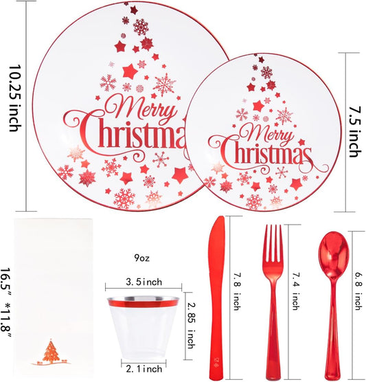 Morejoy 175PCS Christmas Plastic Dinnerware Set - White/Red Plates & Red Plastic Silverware Include 25 Plates, 25 Cups, 25 Forks, 25 Knives, 25 Spoons, 25 Napkins Perfect for Holidays