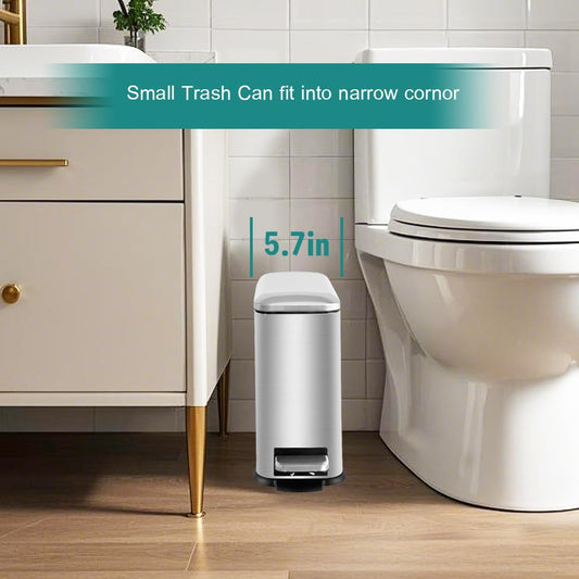 Small Bathroom Trash Can with Lid, 1.3 Gallon Stainless Steel Trash Can with Removal Inner Bucket, Soft Close Lid, Step Pedal, Compact Trash Bin for Bedroom, Office, Kitchen (Silver)