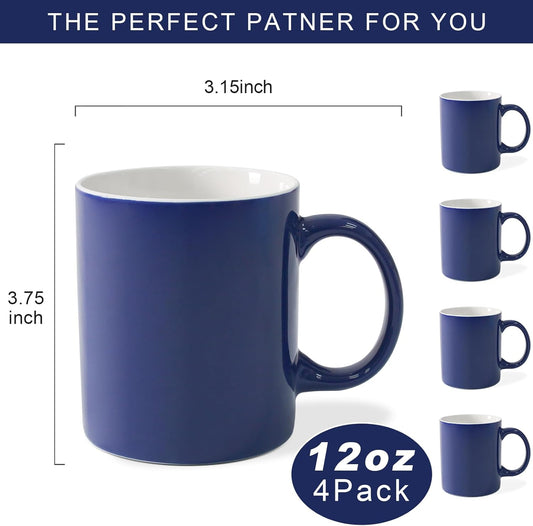 12 oz Cup (4pcs), Plain Gloss Blue Ceramic Coffee Mug for Milk Tea, Set of 4