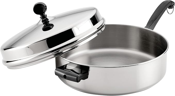 Farberware Classic Series Anniversary Edition Stainless Steel Sauté Pan and Lid with Helper Handle, Induction Suitable, 6 Quart Jumbo Cooker, Metal Utensil Safe - Stainless Steel