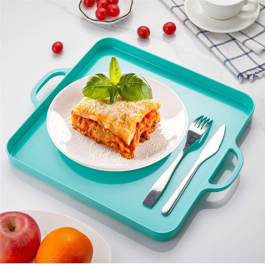Square Serving Trays with Handles Melamine Turquoise 12.5x12.5 Inch Spill Proof Kitchen Eating Trays Set of 2 for Cafeteria Cafe Food Appeizer Dessert Snack Dinner Lunch Breakfast,TR13-02