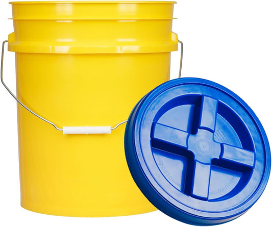 House Naturals 5 Gallon Plastic Yellow Food Grade BPA Free Made in USA Bucket Pail with Air Tight Double Gasket Screw on Lid(Pack of 3) (Yellow and Blue lids)