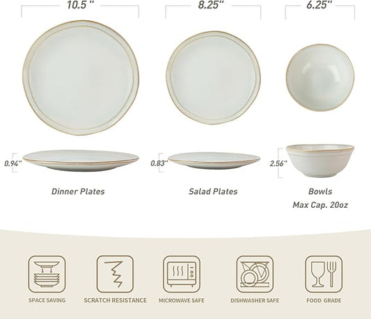 Famiware Aegean Stoneware Dinnerware Set for 8, Plates and Bowls Sets, 24 Pieces Scratch Resistant Dinner Set, Handmade Irregular Round Dishes - Microwave and Dishwasher Safe, Cappuccino White