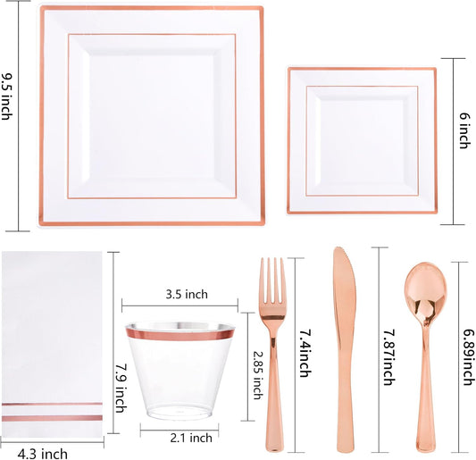 Festiva 350Pcs Rose Gold Plates and Napkins Party Supplies-Square White and Rose Gold Disposable Dinnerware include Plates Cups Cutlery Napkins for 50 Guests Wedding &Christmas Party&Mother's Day