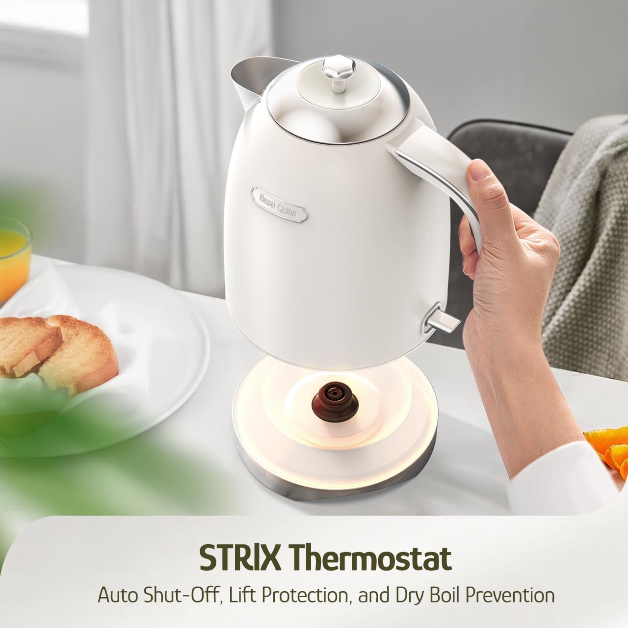 Hazel Quinn Electric Kettle - 1.7 Liters (57oz) Stainless Steel Water Kettle, BPA-Free Interior, 1200W Fast Boiling, Cordless, Rotational Base, Automatic Shut Off & One-Touch LED - Pearl White