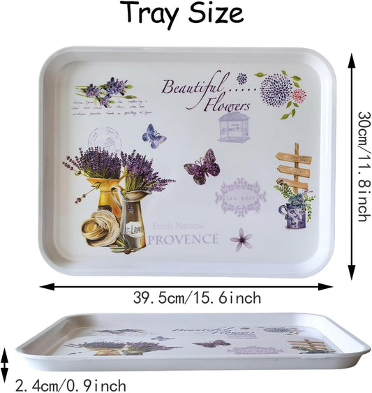 Large Serving Platter Melamine Trays 2 Pack Stackable Food Tray with Floral Print for Gift, Party, Decor, Home, Restaurant (Purple Lavender, Medium)