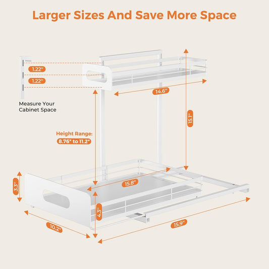 Delamu 2 Pack Metal Bathroom Organizers and Storage, 2 Tier Pull Out Under Sink Organizer for Kitchen Bathroom, Adjustable Under Sink Shelf for Multipurpose Cabinet Organizer, White