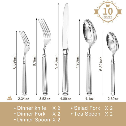 KINGSTONE Silverware Set, 10-Piece 18/10 Stainless Steel Flatware Set - Roman Column Embossed Thick Handle, for Wedding, Home, Restaurant, Kitchen and Party, Mirror Polish & Dishwasher Safe