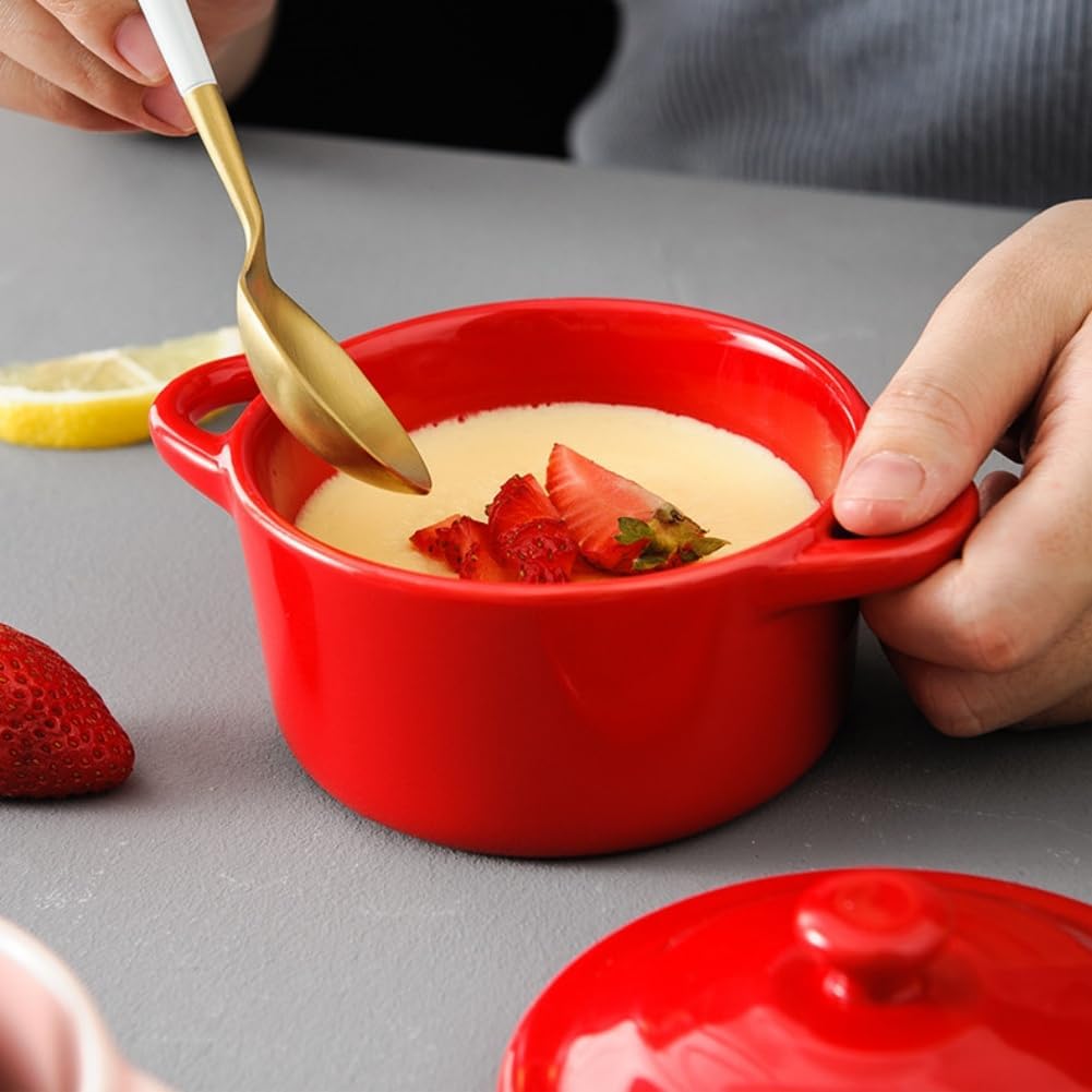 7 OZ Mini Ceramic Candy Bowl Small Candy Dish with Lid Cute Ceramic Bowl for Dessert,Snack,Baking,Fruit,Yogurt,Ice Cream,Cereal,Dipping Sauce,Side Dishes,Microwave Dishwasher Safe(red)