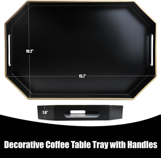 Black Decorative Tray with Handles, Octagon Versatile Serving Tray for Coffee Table, Ottoman, Ideal for Serving, Displaying, Organizing