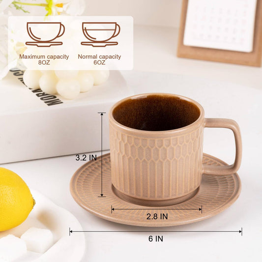 Large Cappuccino Cups with Saucers Set of 4, 8 Ounce Stackable Embossed Ceramic Coffee Mugs for Specialty Coffee Drinks, Latte, Cafe Mocha and Tea, Dishwasher & Microwave Safe (Mix)