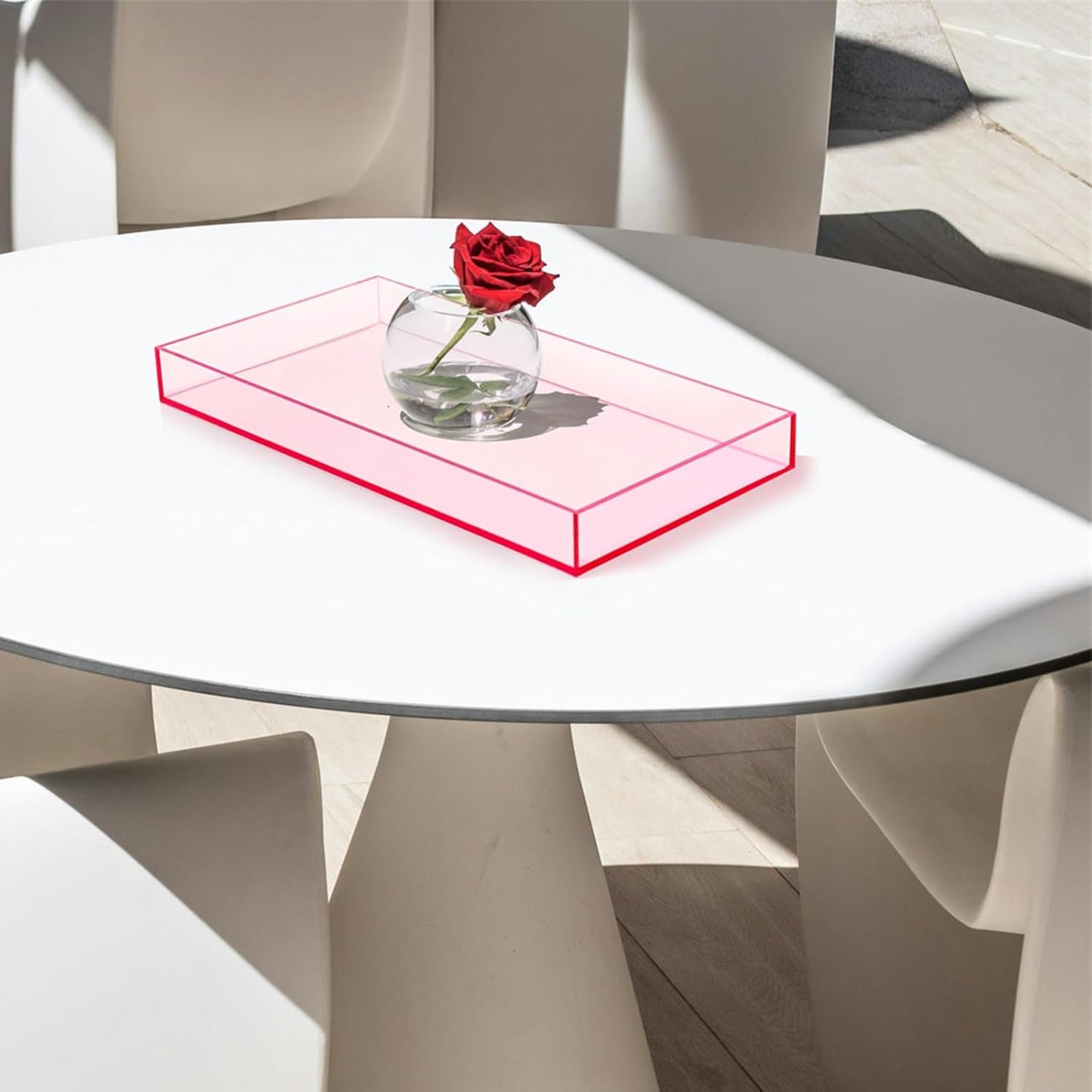 SetGame Pink Acrylic Serving Tray with Handles, Pink Decorative Storage Arylic Trays, Small Simple Vanity Tray Food Tea Fruit Dinner Snack Tray for Bar Kitchen Party, Bathroom Tray, 10X5 Inch