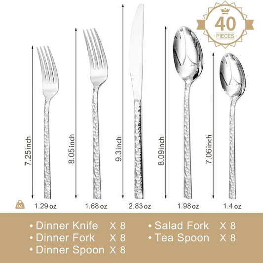 KINGSTONE 40 Piece Hammered Silverware Set, 18/10 Stainless Steel Flatware Set for 8, Cutlery Set for Home, Party, Wedding, Mirror Polished Dishwasher Safe