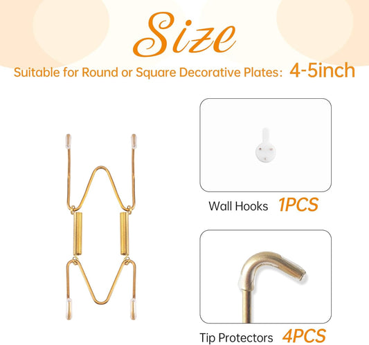 Plate Hangers for The Wall, Suitable for 4-5 inch Decorative Plate, Stainless Steel Wire Plate Holder with Wall Hooks and Rubber tip Protectors, Plate Hangers for Displaying Plates, Platter, Gold