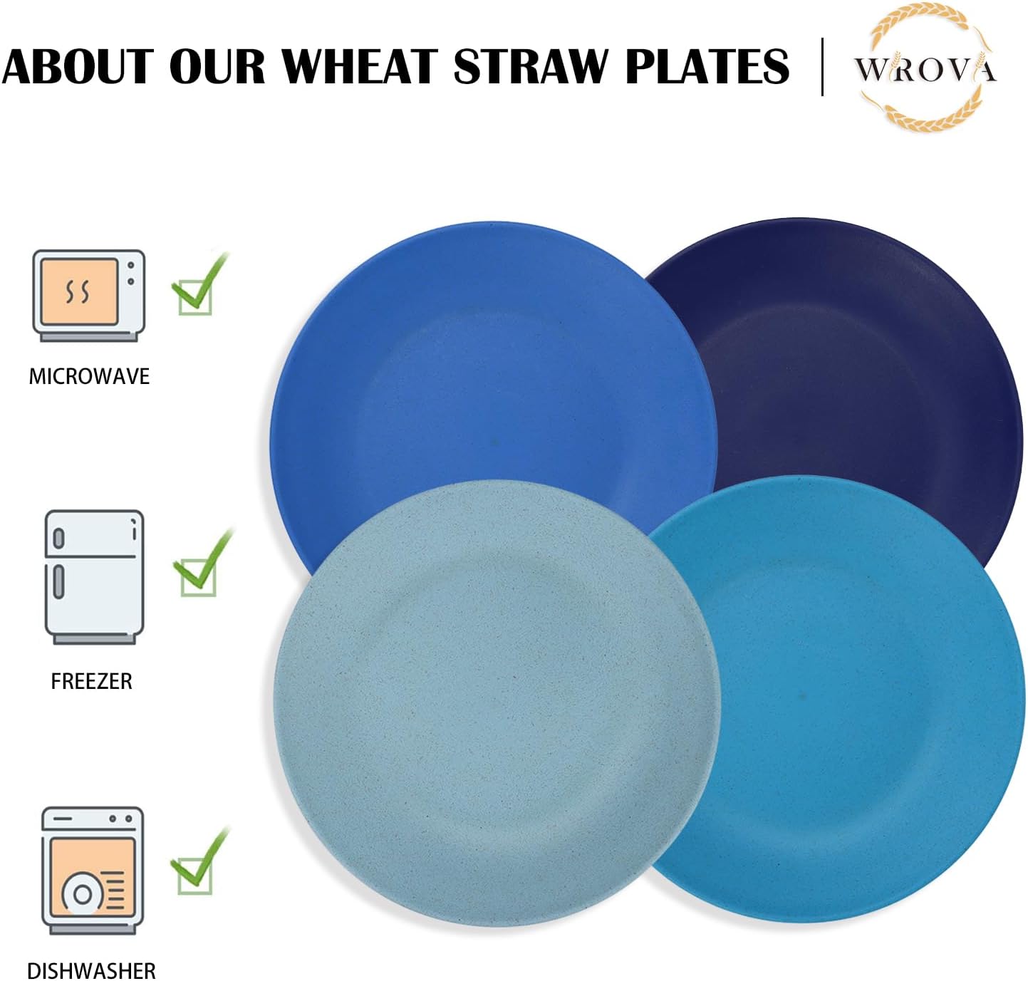 Wrova Wheat Straw Dinner Plates 10 Inch Unbreakable Set of 8 - Dishwasher & Microwave Safe Plastic Plates Reusable - Lightweight Plates for kitchen,camping,salad,appetizer - Ocean Series