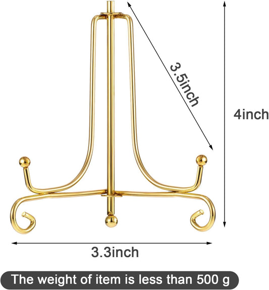 Tatuo 4 Pack 4" Iron Display Stand Gold Small Iron Plate Stand Holder Easel for Plates, Picture, Photo, Decorative Displays Card, Cookie, Artwork for Home Decor, Wedding Centerpieces, Coffee Shop Menu