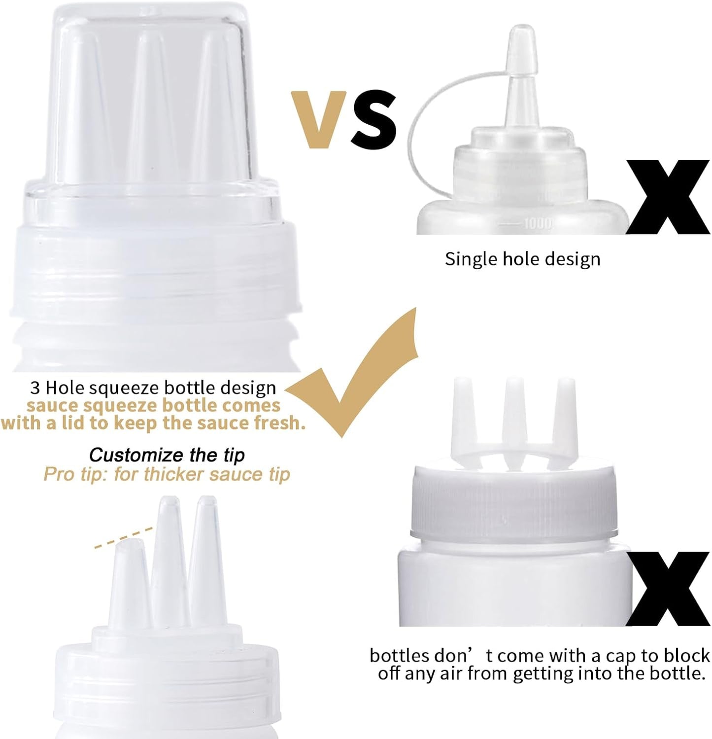 3 Hole Squeeze Bottles for Sauces Plastic Condiment Squeeze Bottles Ketchup Dispenser Salad Dressing Container Squirt Kitchen Squeeze Bottles for Oil BBQ Paint Pancake Art 3 Pcs 13oz/380ML