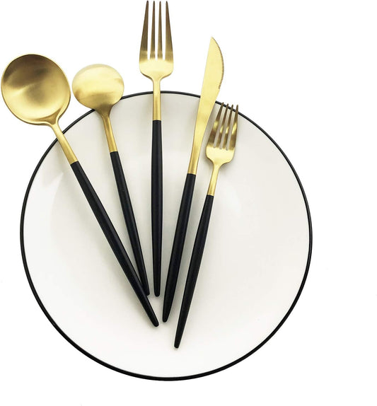 Silverware Set, Hand polished Matte Gold Black Flatware Cutlery Set Service for 4, Satin Finish 20 Pieces 18/10 Stainless Steel Utensils Set for Home and Restaurant, Dishwasher Safe
