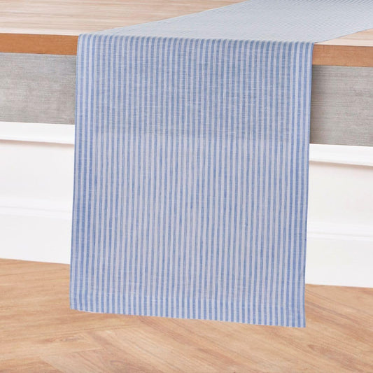 Solino Home Linen Table Runner 132 Inches Long - Narrow Stripe, 100% Pure Linen Cornflower Blue and White Farmhouse Table Runner 14 x 132 Inch for Dining