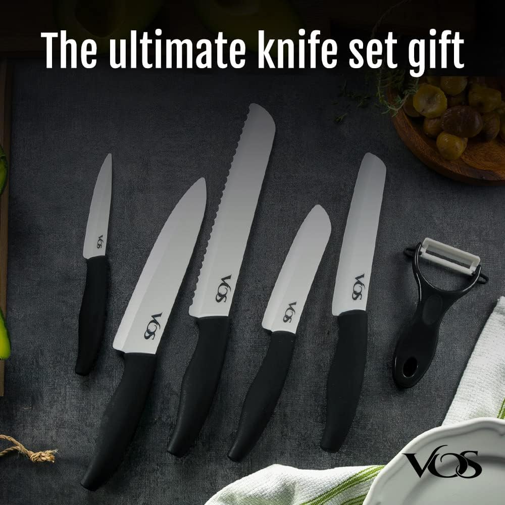 Vos Ceramic Knife with Peeler, Knives Set For Kitchen, Ultra Sharp Kitchen Knife Set with Covers, 4" 5" 6" 7" 8" Paring, Chef Knife, Santoku & 2 more, Lightweight, Dishwasher safe (Black)