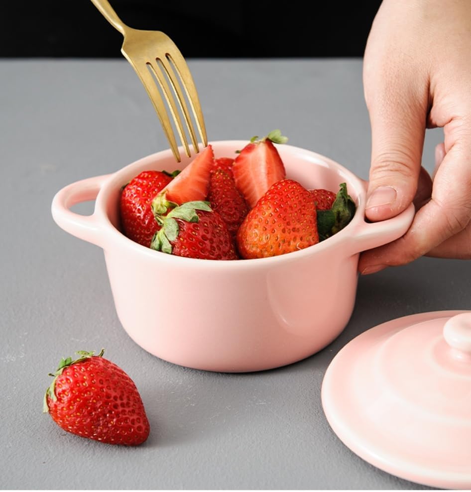 7 OZ Mini Ceramic Candy Bowl Small Candy Dish with Lid Cute Ceramic Bowl for Baking,Dessert,Snack,Fruit,Yogurt,Ice Cream,Cereal,Dipping,Side Dishes,Microwave Freezer Safe(pink)