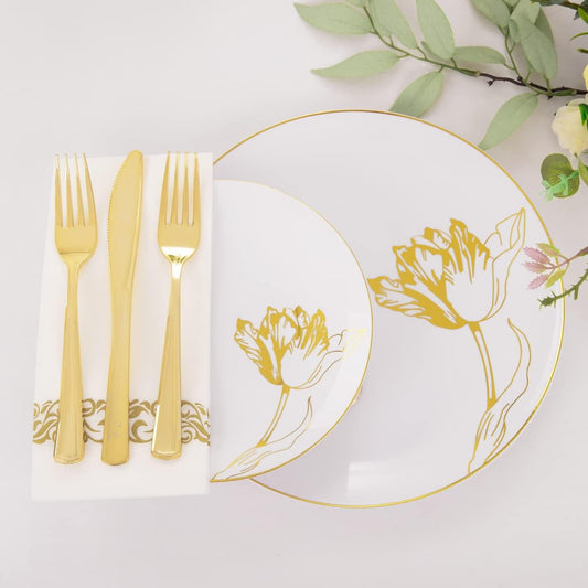 Nervure 175PCS White Plastic Plates - Floral White Gold Disposable Plates Include 50Plates, 25Forks, 25Knives, 25Spoons, 25Cups, 25Napkins Perfect for Wedding & Party