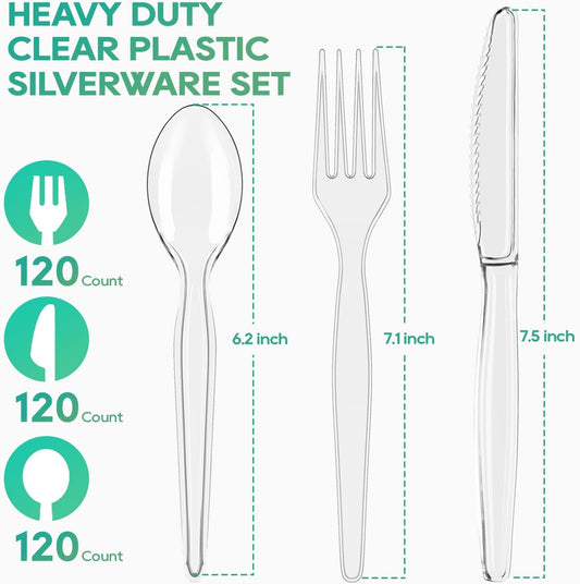 FOCUSLINE 360 Count Clear Plastic Silverware, 120 Forks, Knives and Spoons Each, BPA-Free, Heavy Duty Disposable Cutlery Set, Premium Disposable Flatware Plastic Utensils for Party Everyday Use