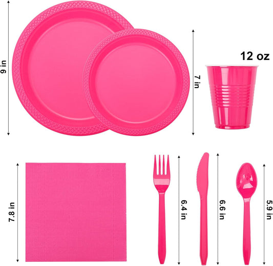 WELLIFE 210Pcs Hot Pink Plastic Plates, Disposable Dinnerware Set, Party Supplies Including Hot Pink plates, 12oz Cups, plastic Cutlery and Napkins Serve 30 Guests, Plastic Plates for Party