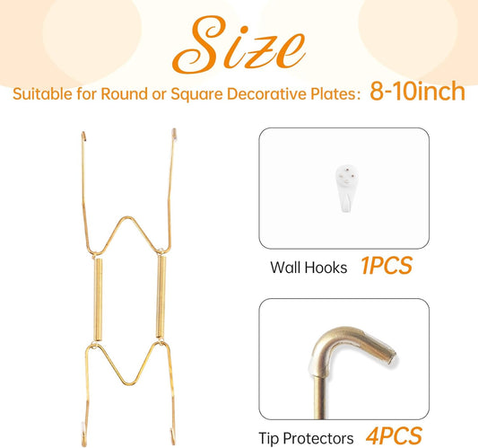Plate Hangers for The Wall, Suitable for 8-10 inch Decorative Plate, Stainless Steel Wire Plate Holder with Wall Hooks and Rubber tip Protectors, Plate Hangers for Displaying Plates, Platter, Gold