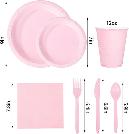 WELLIFE 210 Pieces Pink Party Supplies, Disposable Dinnerware Set, Including Pink Plastic Plates, 16OZ Cups, Plastic Cutlery and Napkins Serve 30 Guests for Party
