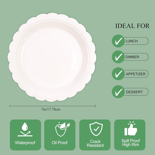 50Pcs Lvory Paper Plates-7 Inch Solid Color Scalloped Design Birthday Dinnerware Set Disposable Dinner Party Supplies for Wedding Baby Shower Table Decor Pininc Fall Party Decor