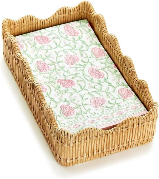Two's Company Scalloped Edge Basket Weave Pattern Holder - Decorative Napkin Holder for Kitchen & Bathroom, Resin Guest Towel & Utensil Holder, Rustic Farmhouse Decor & Organizer