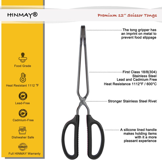 12" Stainless Steel Scissor Tongs with Comfort-Grip Handle (Black)