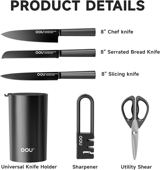 OOU Knife Set with Block and Sharpener, 6 Pcs High Carbon German Steel Kitchen Knife Block Set with Universal Knife Holder, Dishwasher Safe Knife Set for Small Kitchen, Space-Saving, Anti-Rust