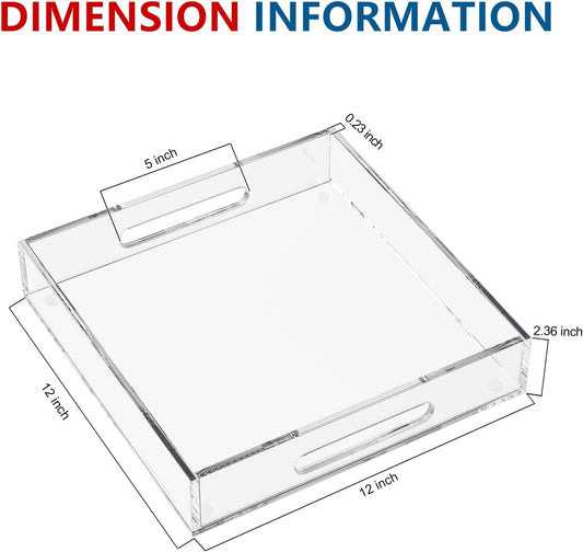 Acrylic Serving Tray with Handles-12x12x2.36Inch-Decorative Tray Letter Tray Organizer for Ottoman Coffee Table Countertop, Clear