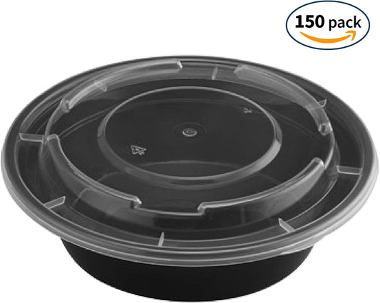 TIYA Food Containers – 16 oz Bulk 150 Pack with Lids – Plastic Food Storage To-Go Round Bowls – Reusable, Microwavable, Dishwasher Safe – Leak-Proof and Great for Meal Prep – BPA-Free