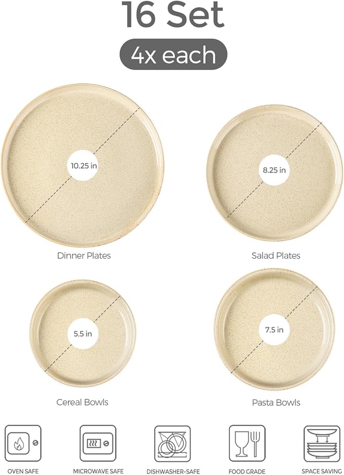 TheTerra Ceramic Dinnerware Sets with Pasta Bowls for 4, 16 Pieces Porcelain Lightweight Speckled Plates and Bowls Sets, Scratch Resistant Dish Set, Oven & Microwave & Dishwasher Safe, Cappuccino