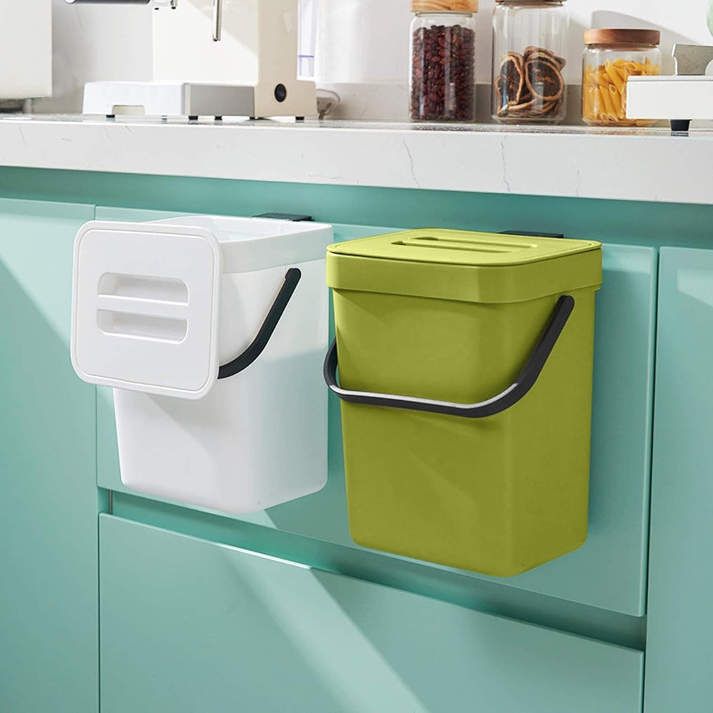 Domiella 2 Pack Hanging Small Trash Can with Lid (1.3 + 0.8 Gal), Kitchen Compost Bin for Countertop or Under Sink, Mountable Food Waste Bin for Cabinet, Bathroom, or RV Use (White)