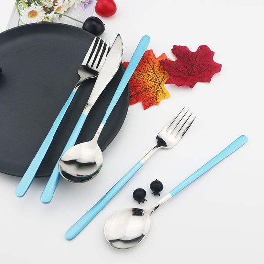 JASHII 20-Piece Silverware Set with Serving Utensils, SUS304 Stainless Steel Flatware Cutlery Set for 4, Eating Utensil Tableware Sets, Mirror Finish(Blue silver)