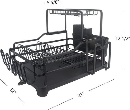 Evelyne GMT-10353-A Black Aluminum Dish Drying Rack with Utensil Holder - 2 Tier Kitchen Countertop Rust Proof Dish Rack and Drainboard Set - Large Dish Organizer Rack