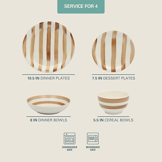 Gibson Home Kenwood Shores 16 Piece Dinnerware Set, Brown Striped, Stoneware, Hand-Painted Plates and Bowls, Service for 4, Microwave & Dishwasher Safe