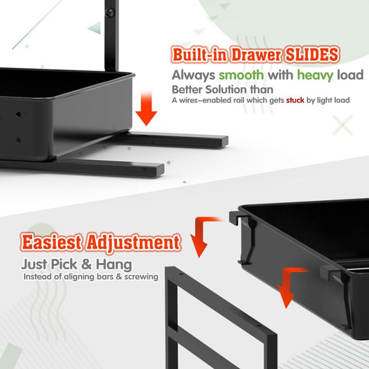 EVERIE Height Adjustable 2 Tier Metal Pull Out Slide Shelf Organizer for Under Sink Cabinets in Kitchen, Bathroom, with Snap-on Top Tray, 16" Deep (Black, 2 Sets)