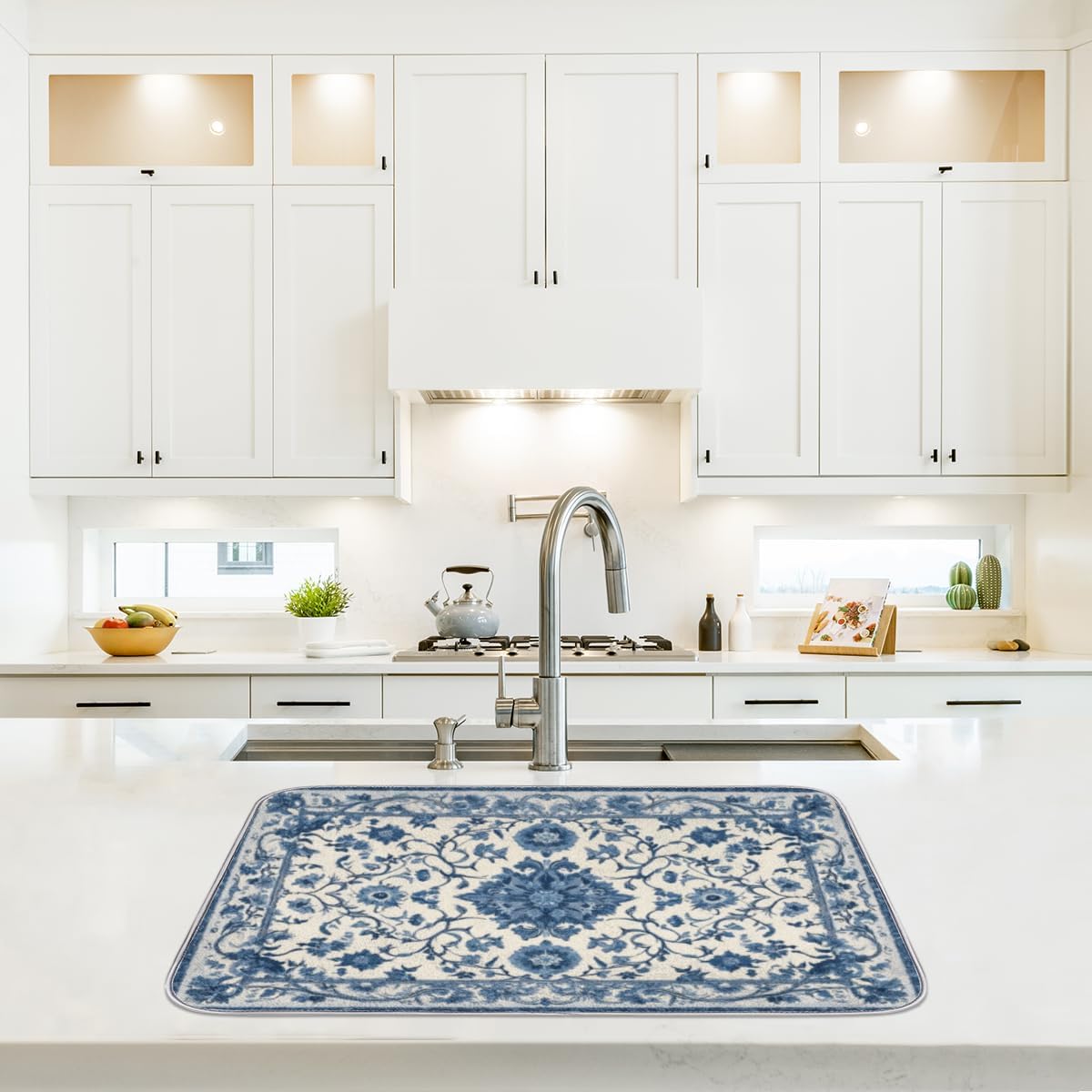 Dish Drying Mats for Kitchen - Super Absorbent Dish Dryer Mat for Countertops Microfiber Dishes Drainer Pad Hide Stain Draining Rack Mat Gadgets for Easy Clean Multi-Use 16"x18",Blue and White