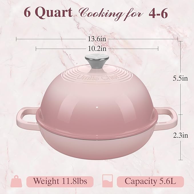 Cast Iron Dutch Oven Pot with Lid, Round Bread Oven for Sourdough Bread Baking, Umite Chef Enameled Cast Iron Bread Oven with Dome Lid & Cotton Potholders for Sourdough, Pink, 6 Quarts