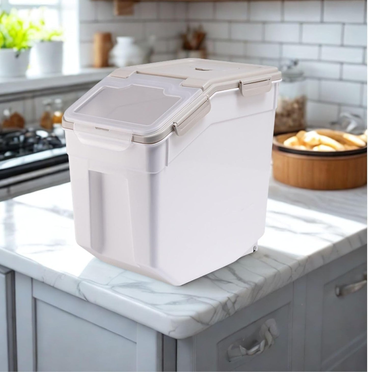 2 Pack Rice Storage Container 25 lbs, Airtight Flour Storage Containers with Lid and Wheels, Measuring Cup & Scoop, BPA Free, Bulk Food Dispenser for Sugar, Grain, Cereal - Pet Food Bin (Grey)